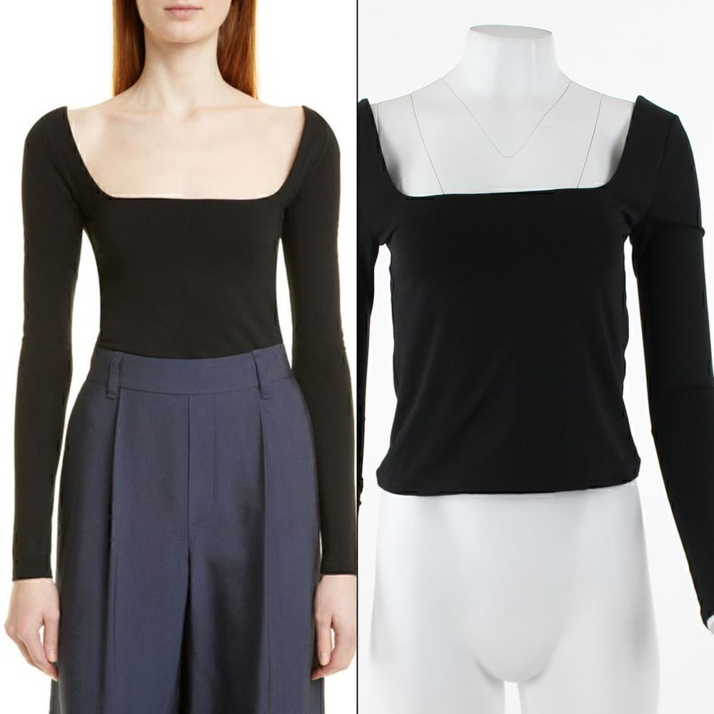 Vince Square Neck Long Sleeve Stretch Cotton Knit Top in Black